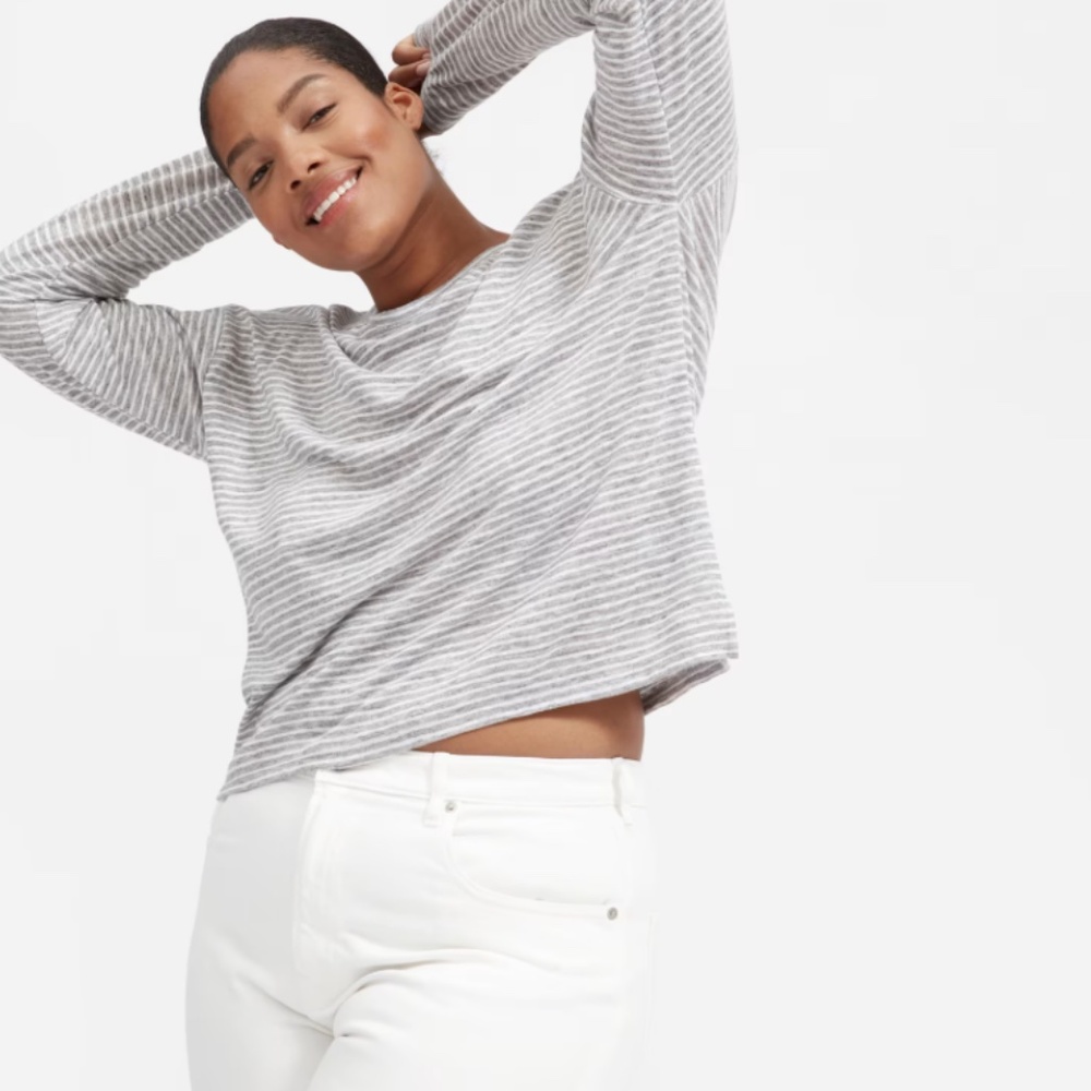 Everlane White Gray Stripe Linen Relaxed Tee Small Long Sleeve